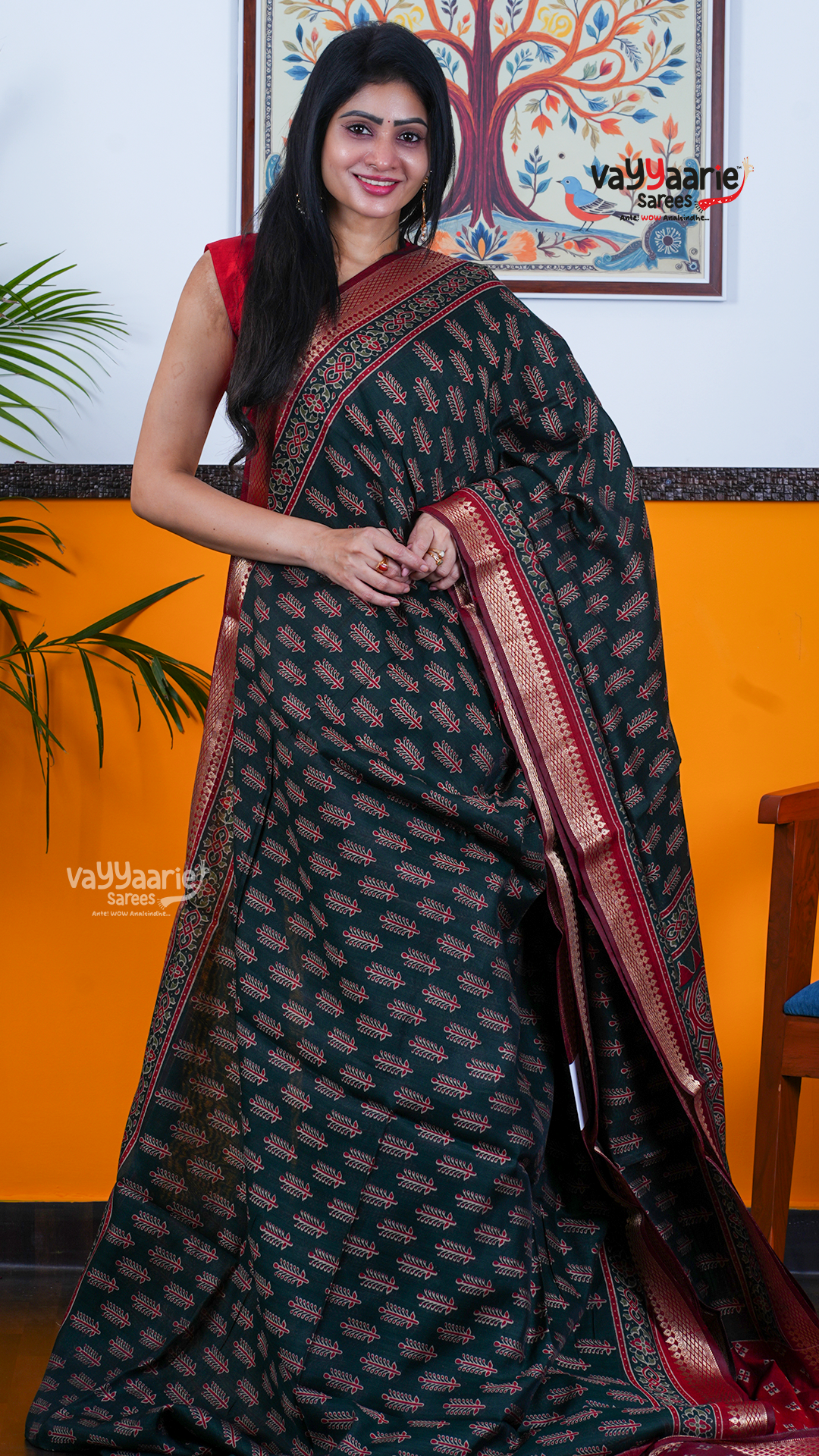 Dark Green Chanderi Silk Saree with Kalamkari Art Prints | Classic Ethnic Wear Saree | Vayyaarie Sarees