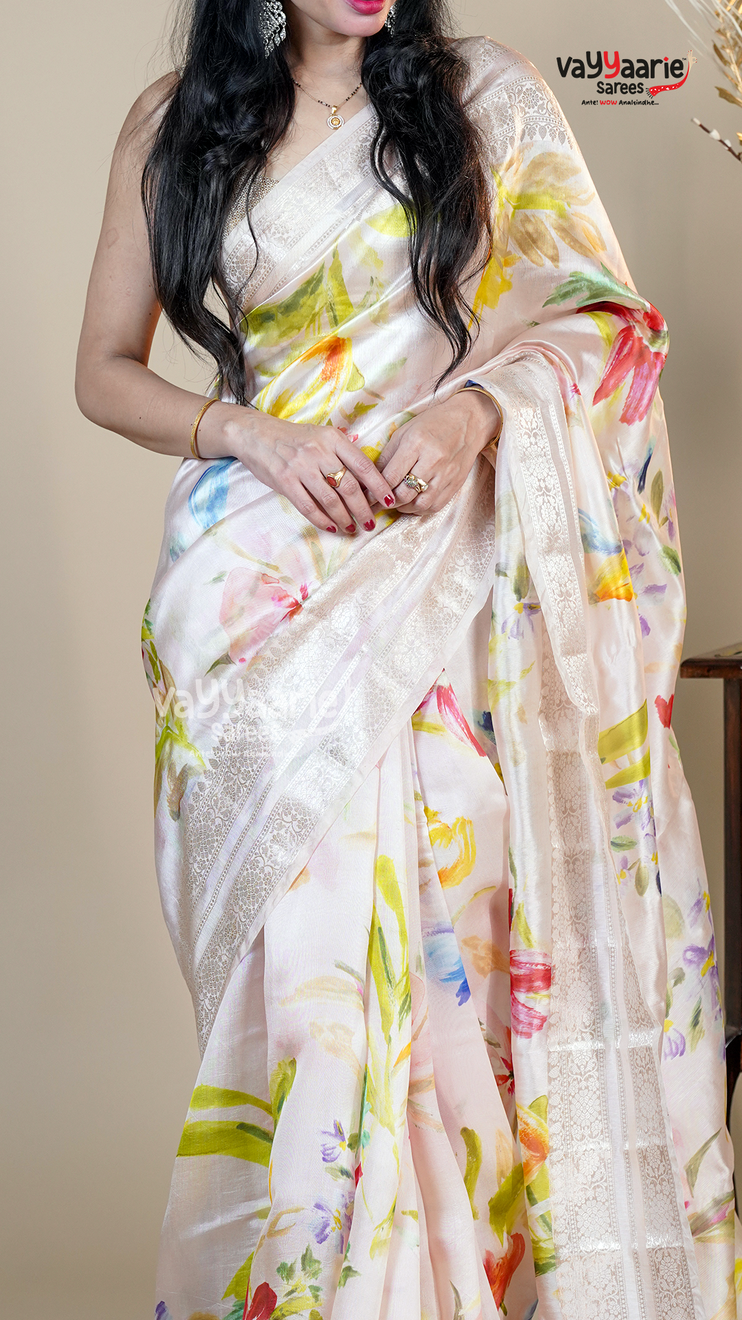 Cream Banaras Mango Fancy Saree for Party Wear