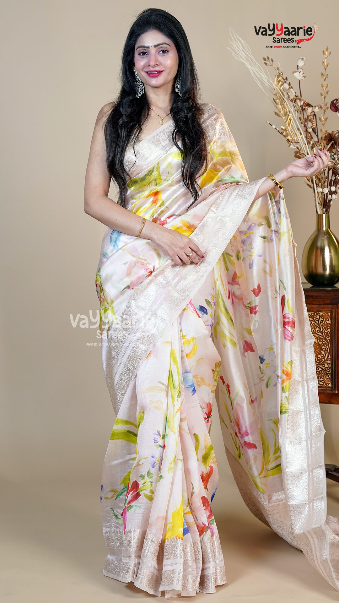 Cream Banaras Mango Fancy Saree for Party Wear