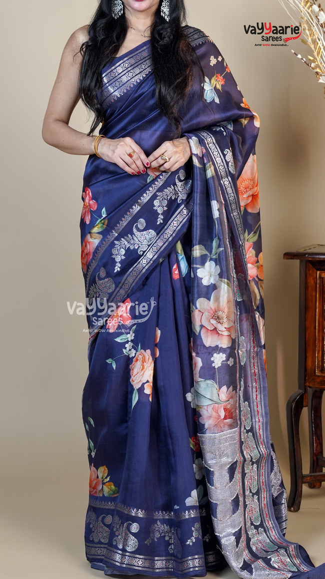 Blue Banaras Mango Fancy Saree for Wedding Wear Main Image