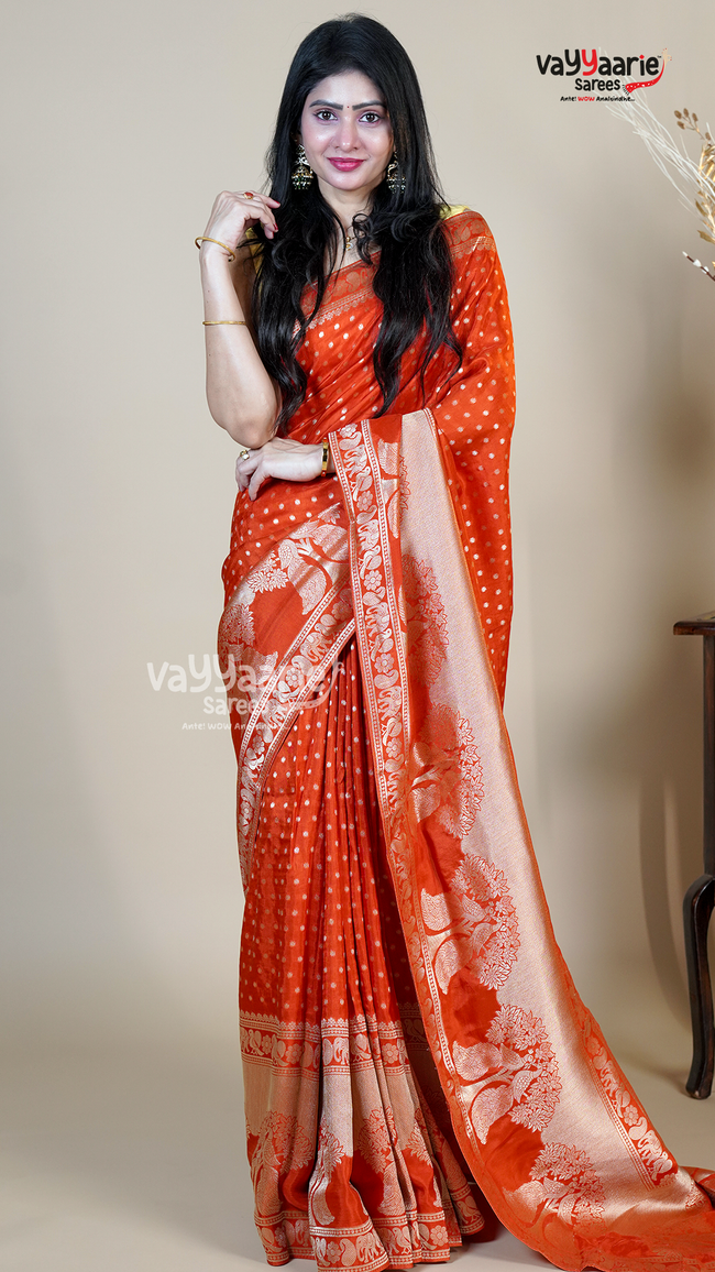 Orange Dola Silk Fancy Saree for Ceremonial Wear Hover Image