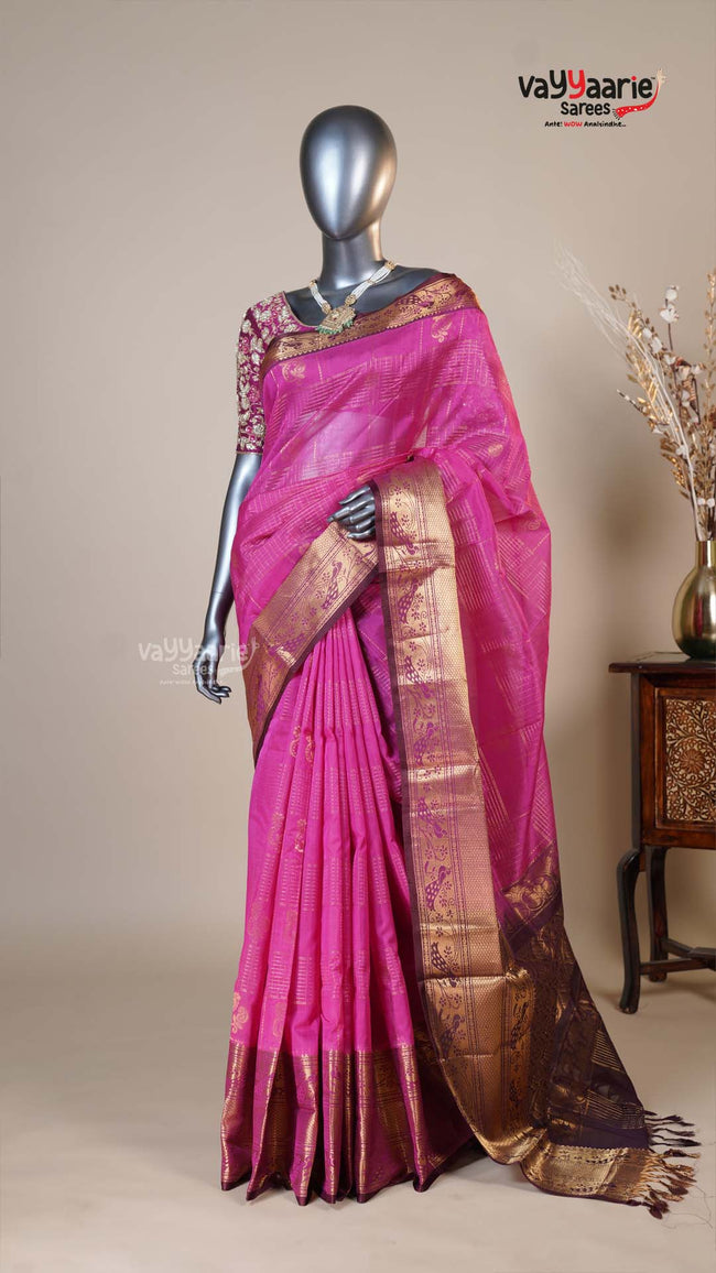 Rani Pink Kuppadam Handloom Saree for Evening Wear Hover Image