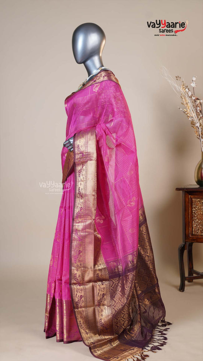 Rani Pink Kuppadam Handloom Saree for Evening Wear Main Image