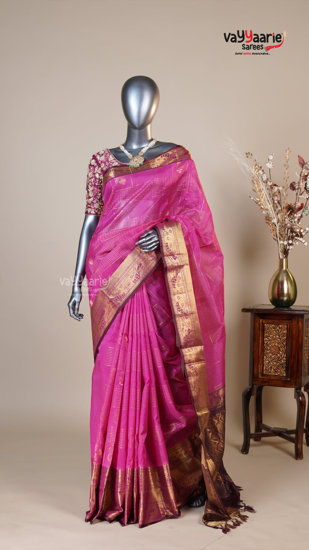 Rani Pink Kuppadam Handloom Saree for Evening Wear