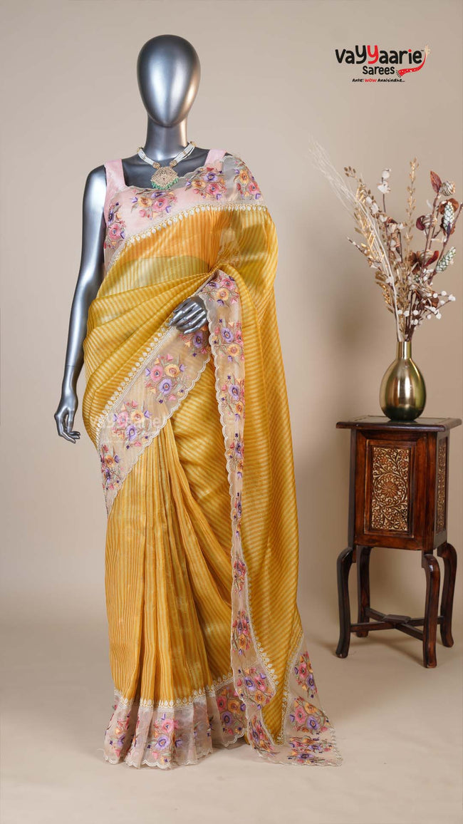 Gold Organza Fancy Saree for Party Looks Hover Image