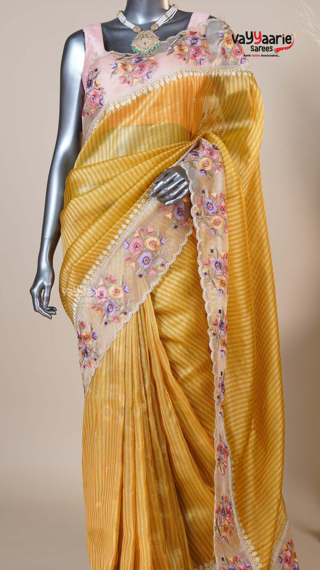 Gold Organza Fancy Saree for Party Looks Main Image