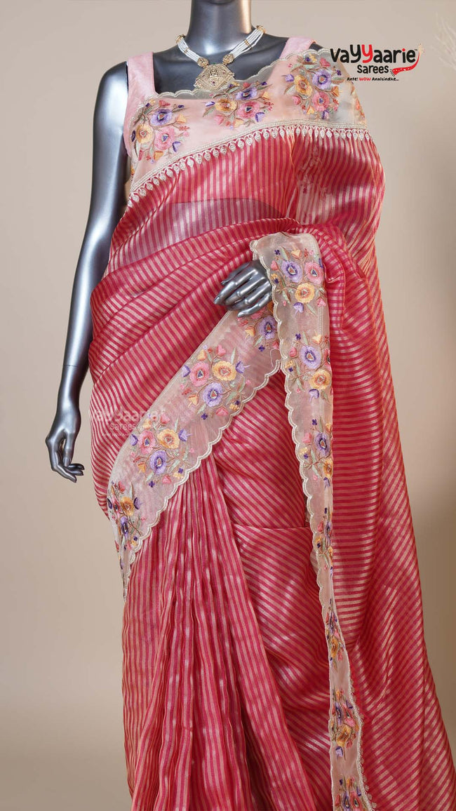 Maroon Organza Fancy Saree for Wedding Functions Main Image