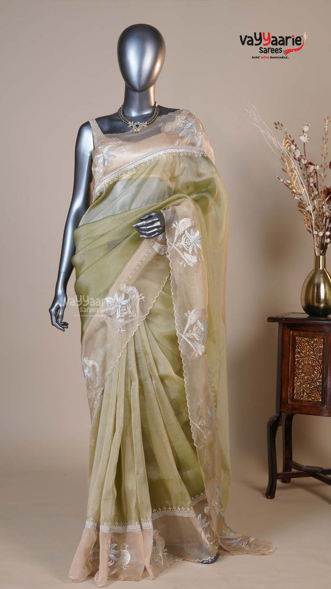 Mehendi Green Organza Fancy Saree for Traditional Gifting Hover Image