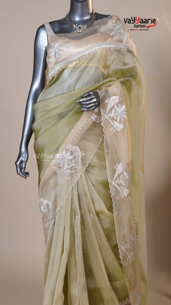 Mehendi Green Organza Fancy Saree for Traditional Gifting Main Image