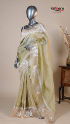 Mehendi Green Organza Fancy Saree for Traditional Gifting