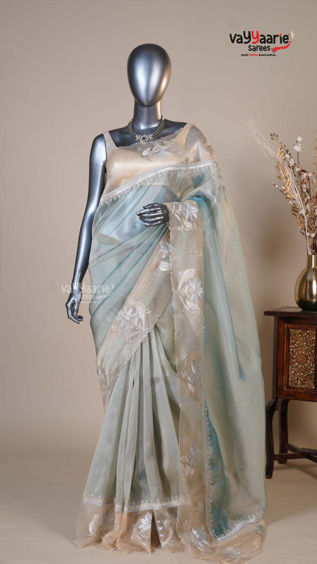 Peacock Blue Organza Fancy Saree for Celebrations Hover Image
