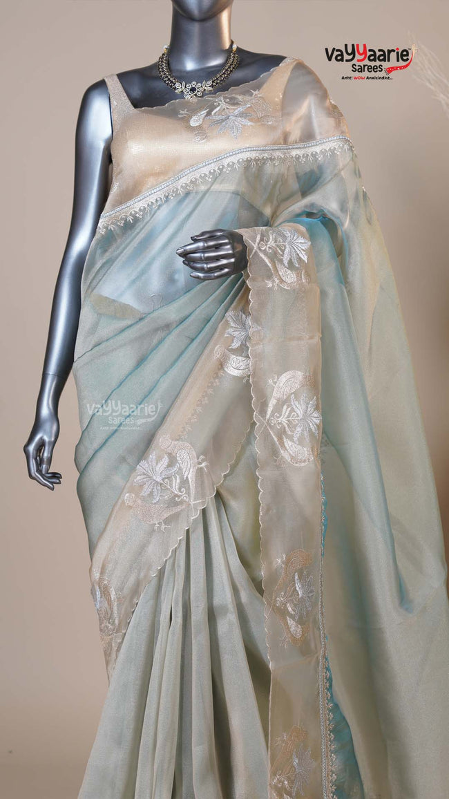 Peacock Blue Organza Fancy Saree for Celebrations Main Image