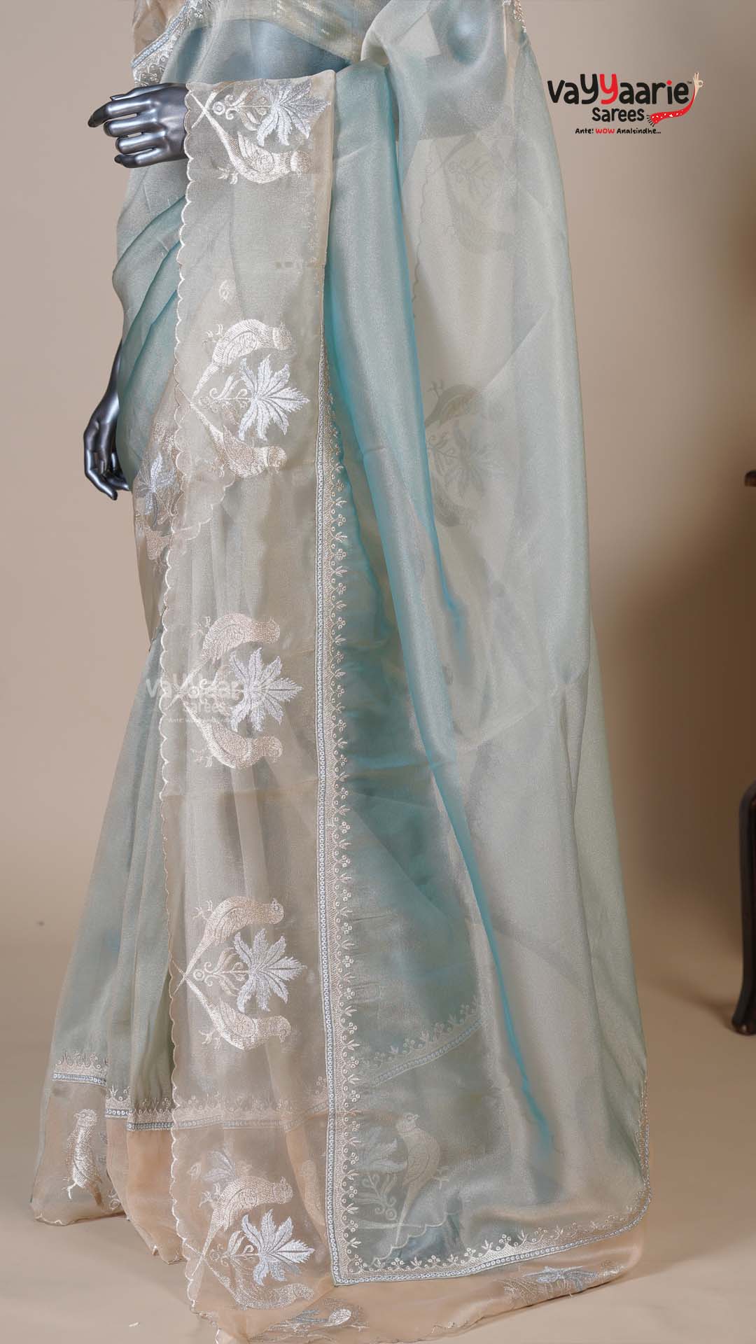 Peacock Blue Organza Fancy Saree for Celebrations