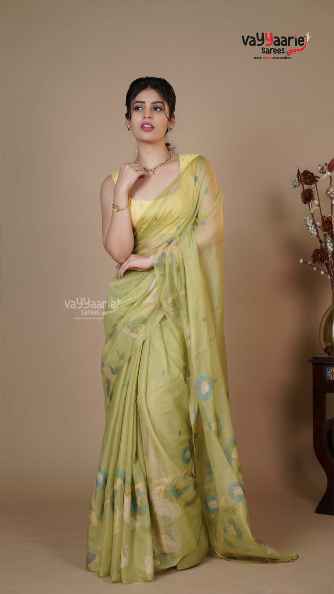 Pista Green Linen Silk Handloom Saree for Festive Gifting Hover Image