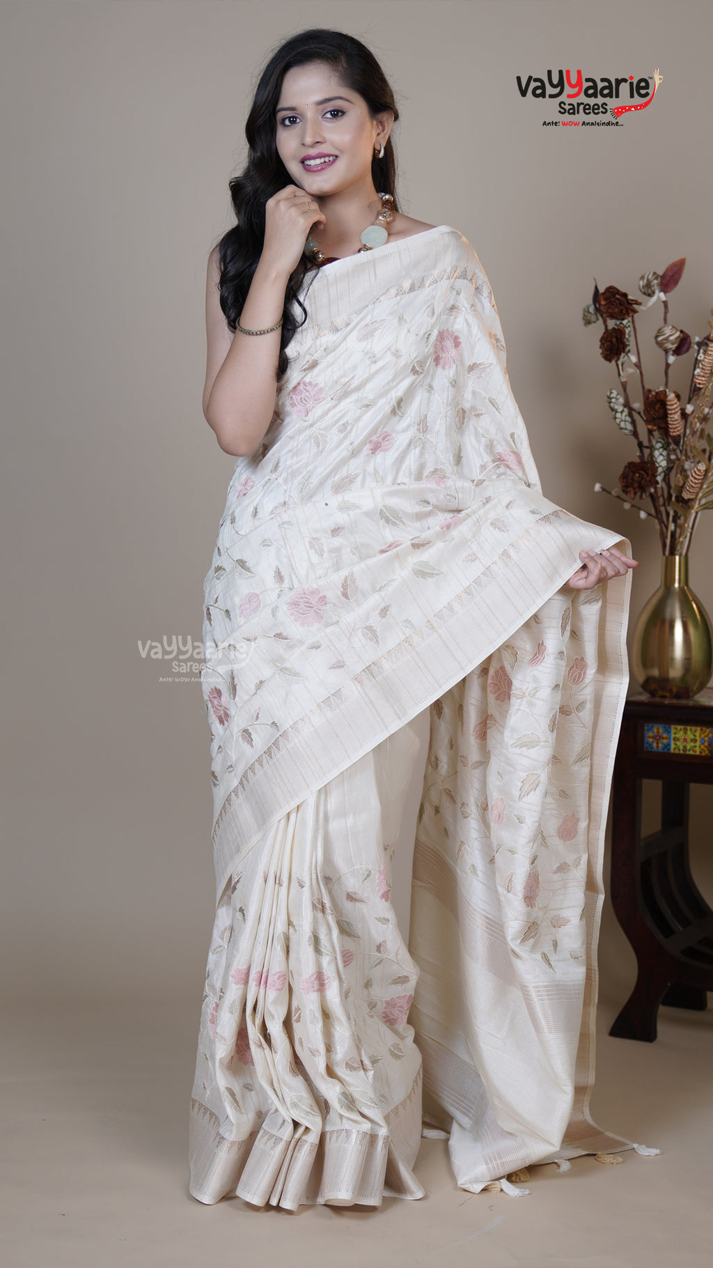 Cream Tusser Fancy Saree for Party Wear