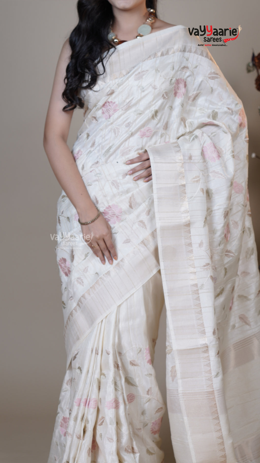 Cream Tusser Fancy Saree for Party Wear