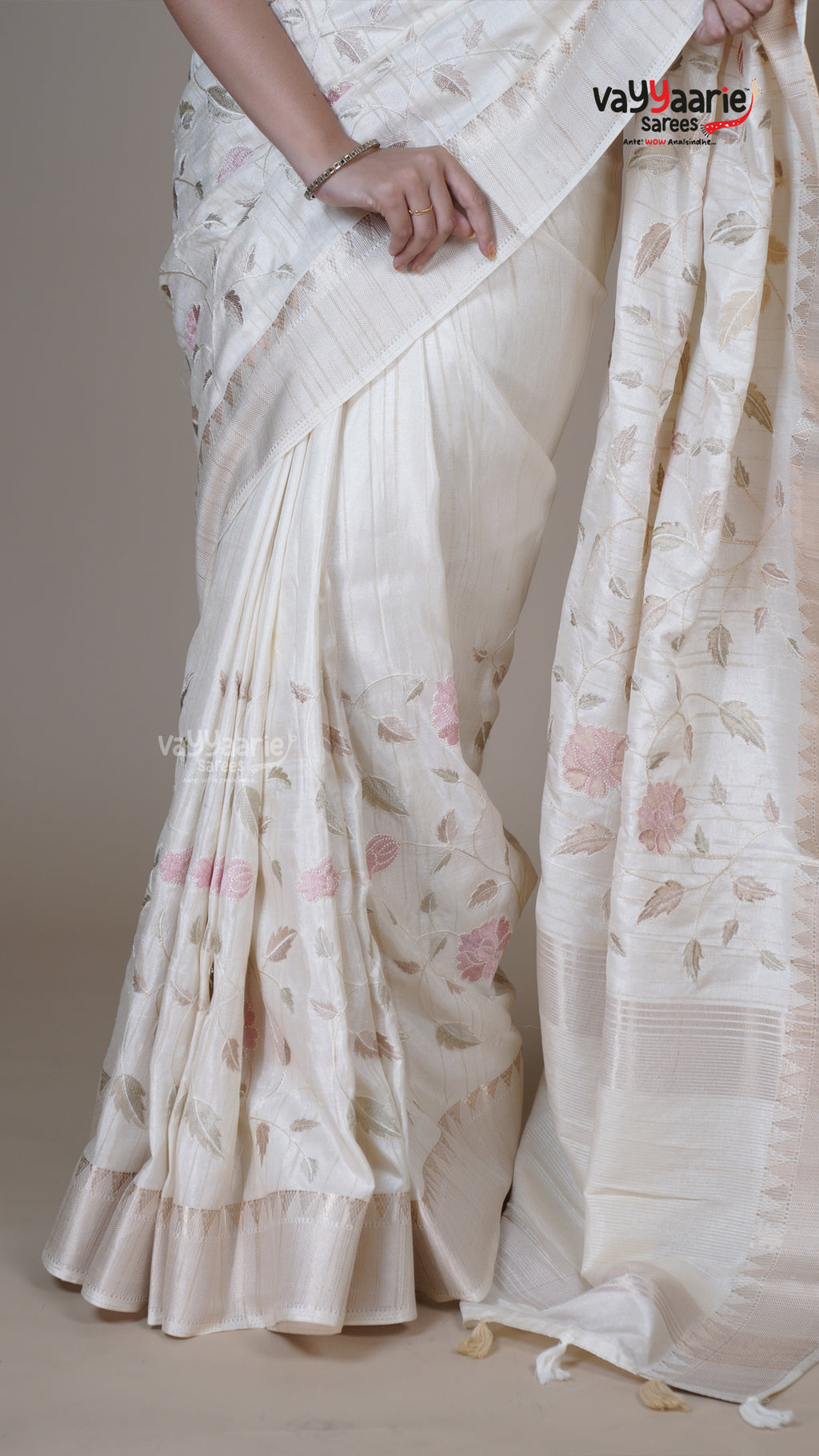 Cream Tusser Fancy Saree for Party Wear