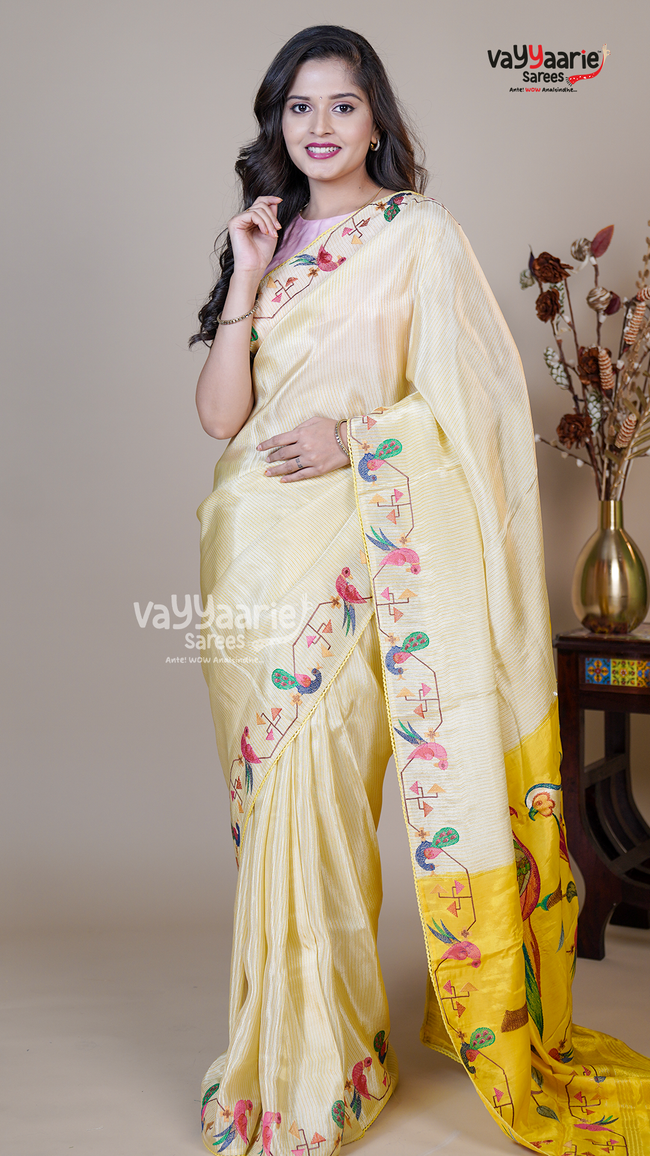 Cream Tissue Fancy Saree for Traditional Wear Hover Image