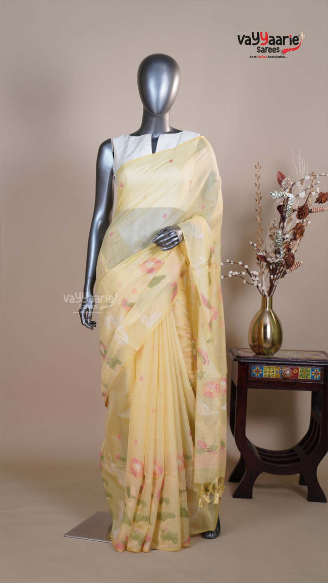 Yellow Linen Silk Handloom Saree for Day Events Hover Image