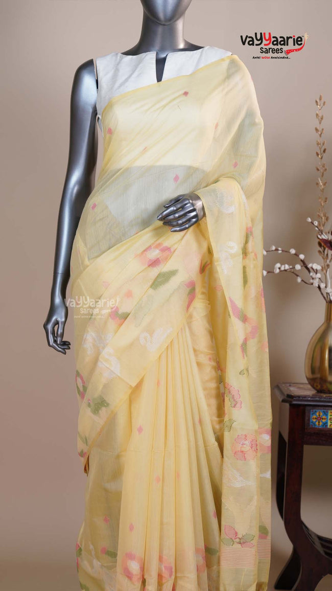 Yellow Linen Silk Handloom Saree for Day Events Main Image
