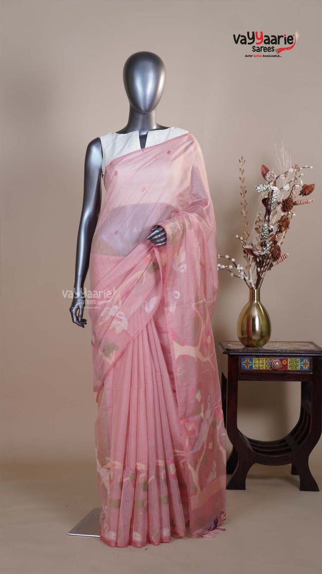Peach Linen Silk Handloom Saree for Special Occasions Hover Image