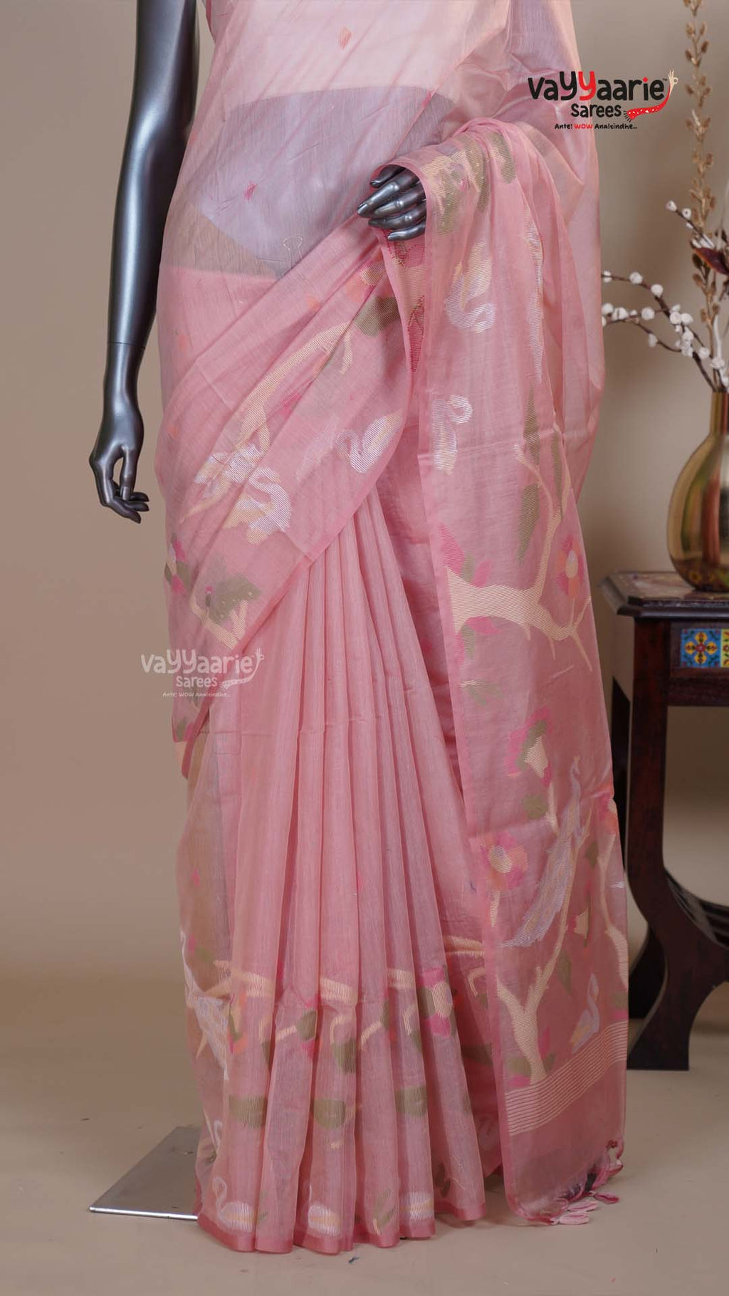 Peach Linen Silk Handloom Saree for Special Occasions