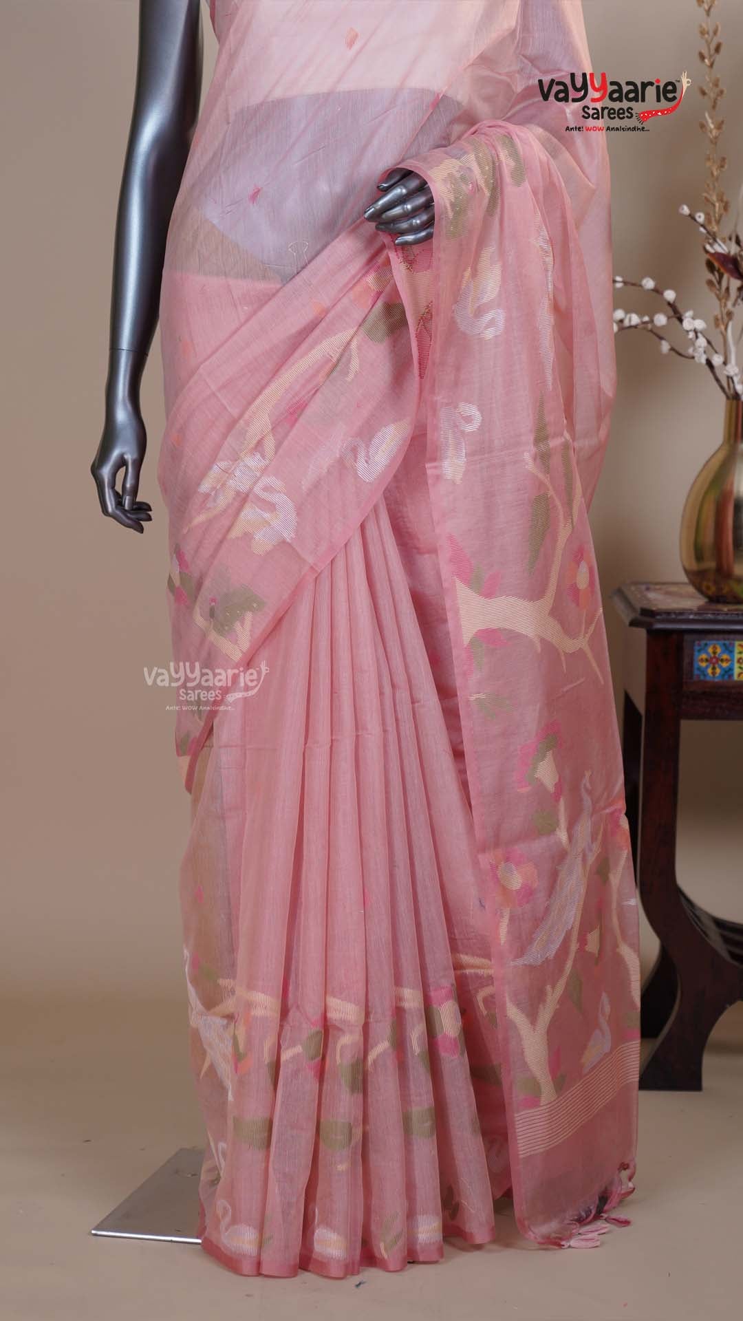 Peach Linen Silk Handloom Saree for Special Occasions