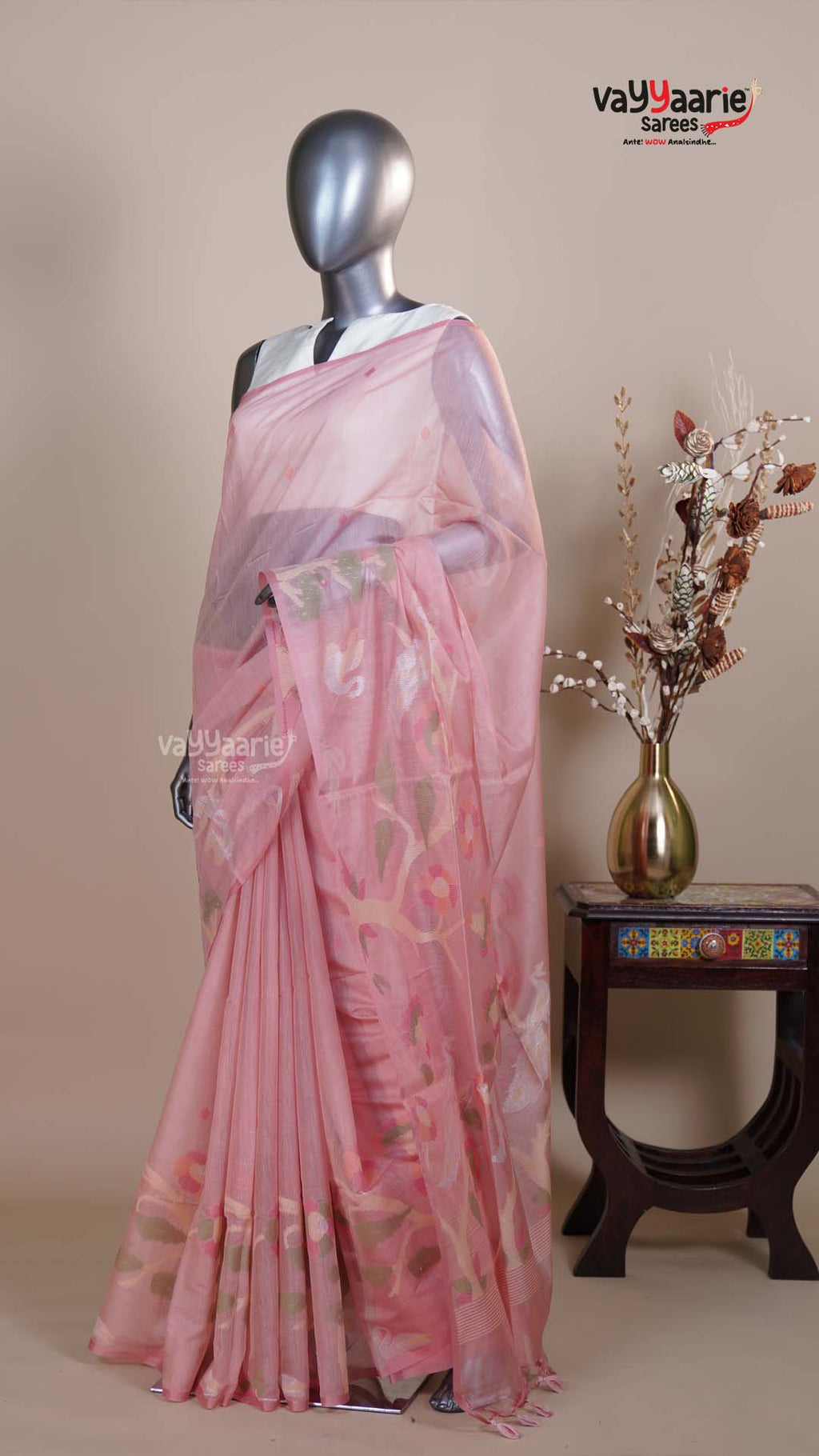 Peach Linen Silk Handloom Saree for Special Occasions