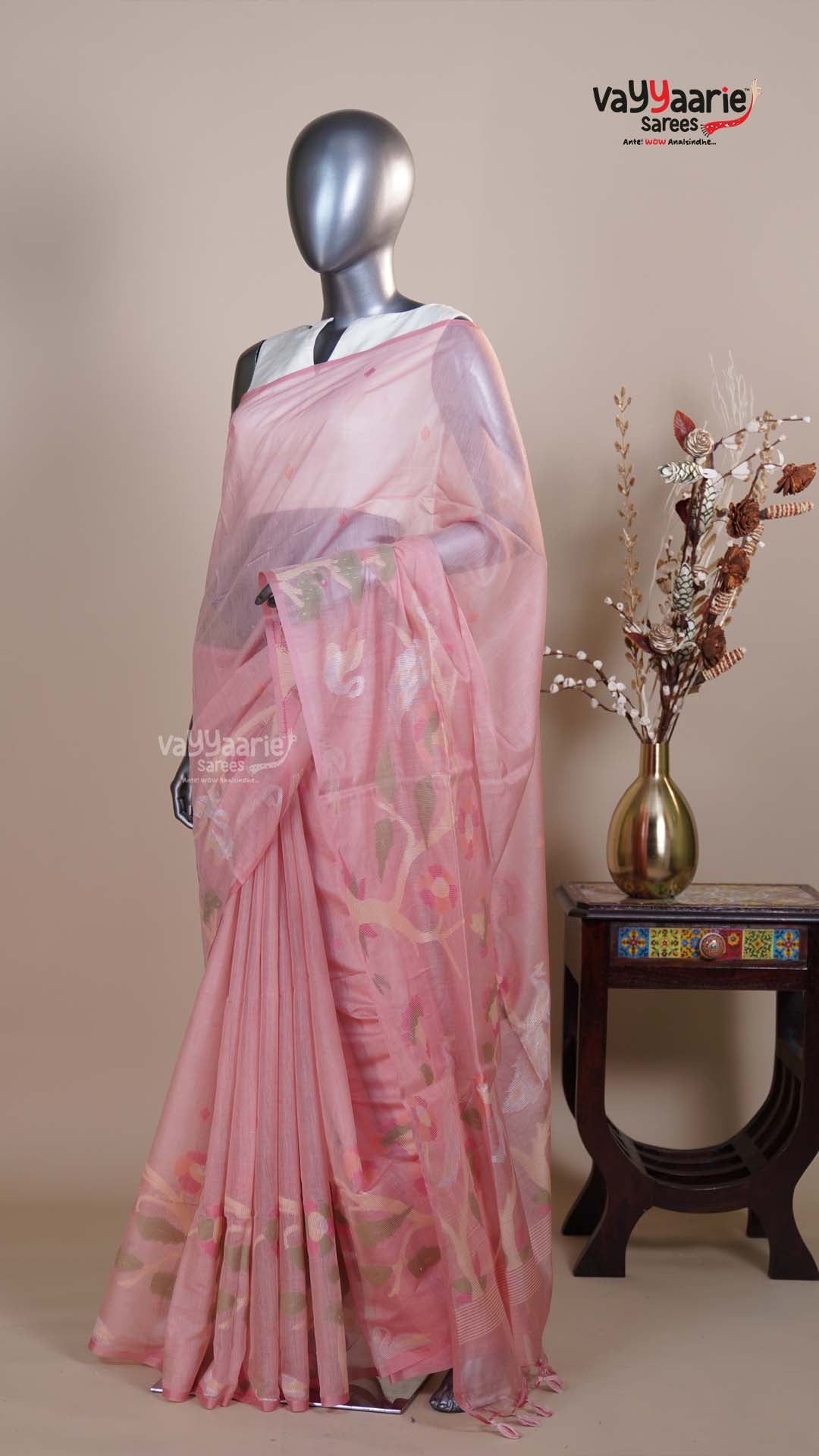 Peach Linen Silk Handloom Saree for Special Occasions