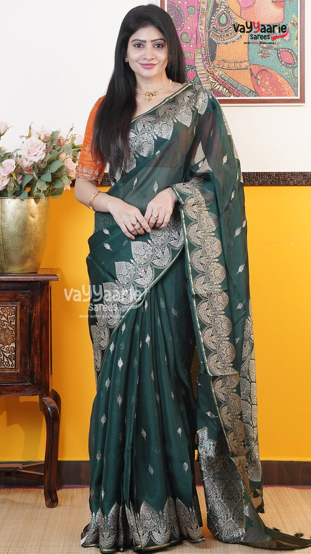 Dark Green Fancy Kota Saree | Classic Handloom Saree | Vayyaarie Sarees