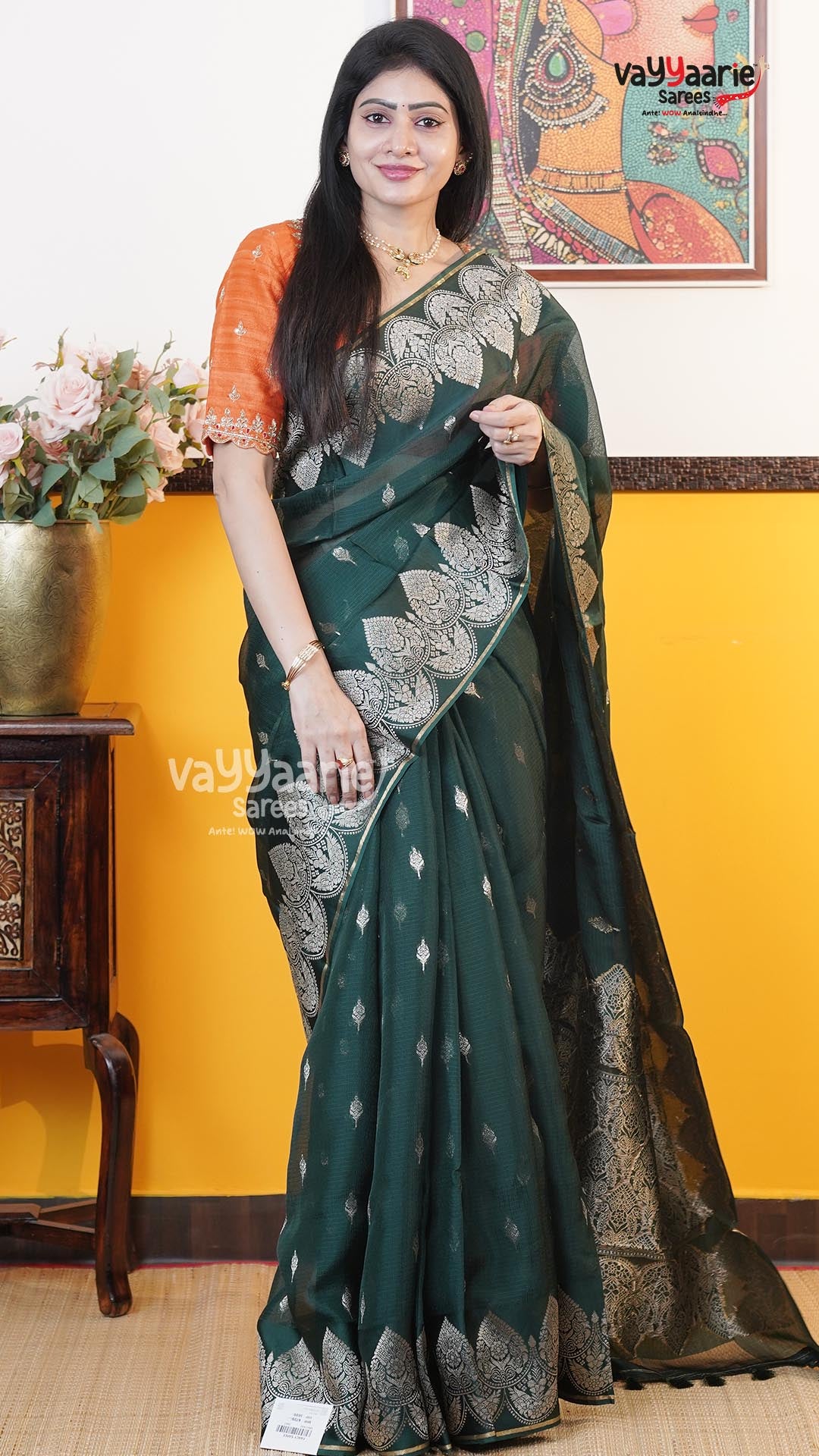 Dark Green Fancy Kota Saree | Classic Handloom Saree | Vayyaarie Sarees