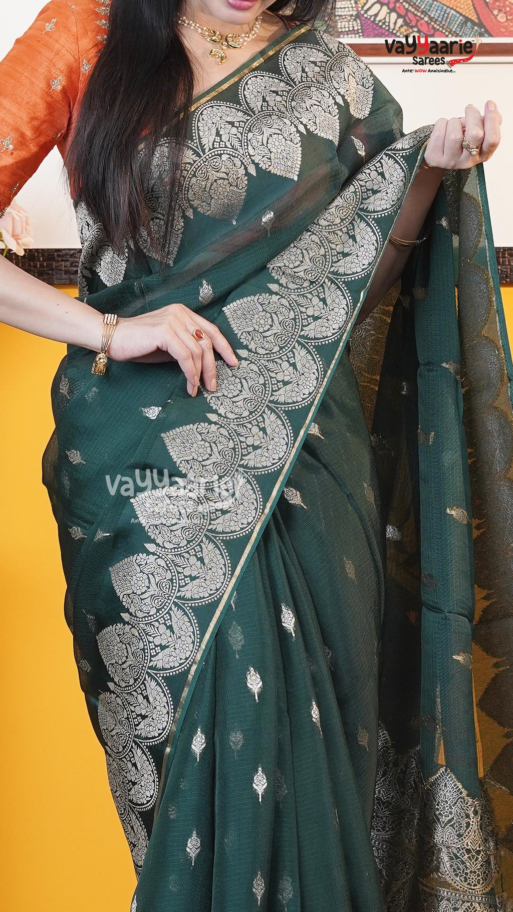 Dark Green Fancy Kota Saree | Classic Handloom Saree | Vayyaarie Sarees