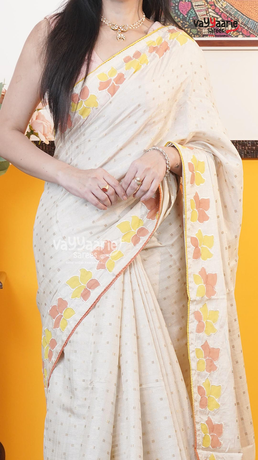 Cream Tusser Saree | Fancy Ethnic Wear Saree | Vayyaarie Sarees