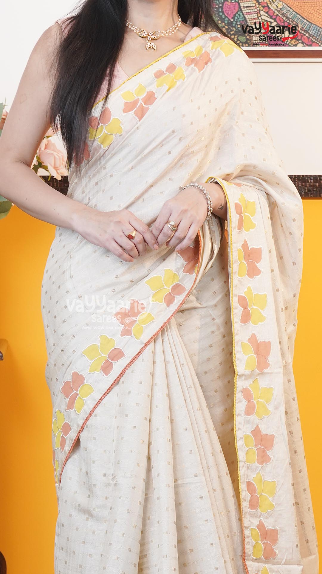 Cream Tusser Saree | Fancy Ethnic Wear Saree | Vayyaarie Sarees