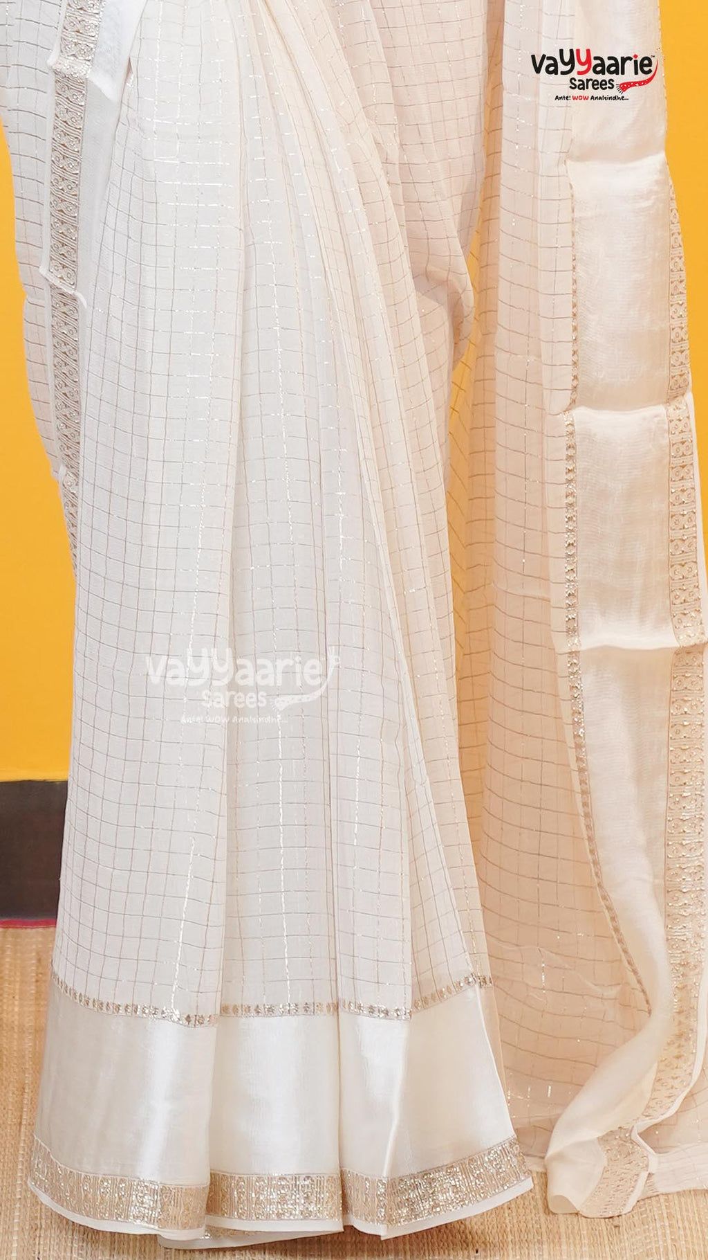 Cream Chiffon Saree | Fancy Ethnic Wear Saree | Vayyaarie Sarees