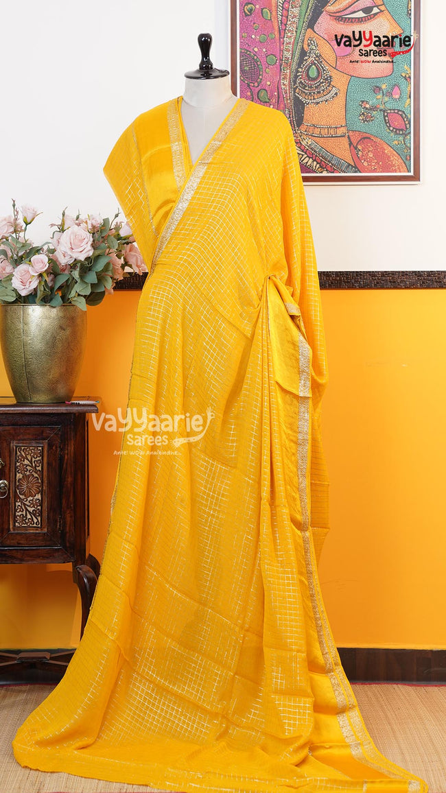 Yellow Chiffon Saree | Fancy Ethnic Wear Saree | Vayyaarie Sarees Hover Image