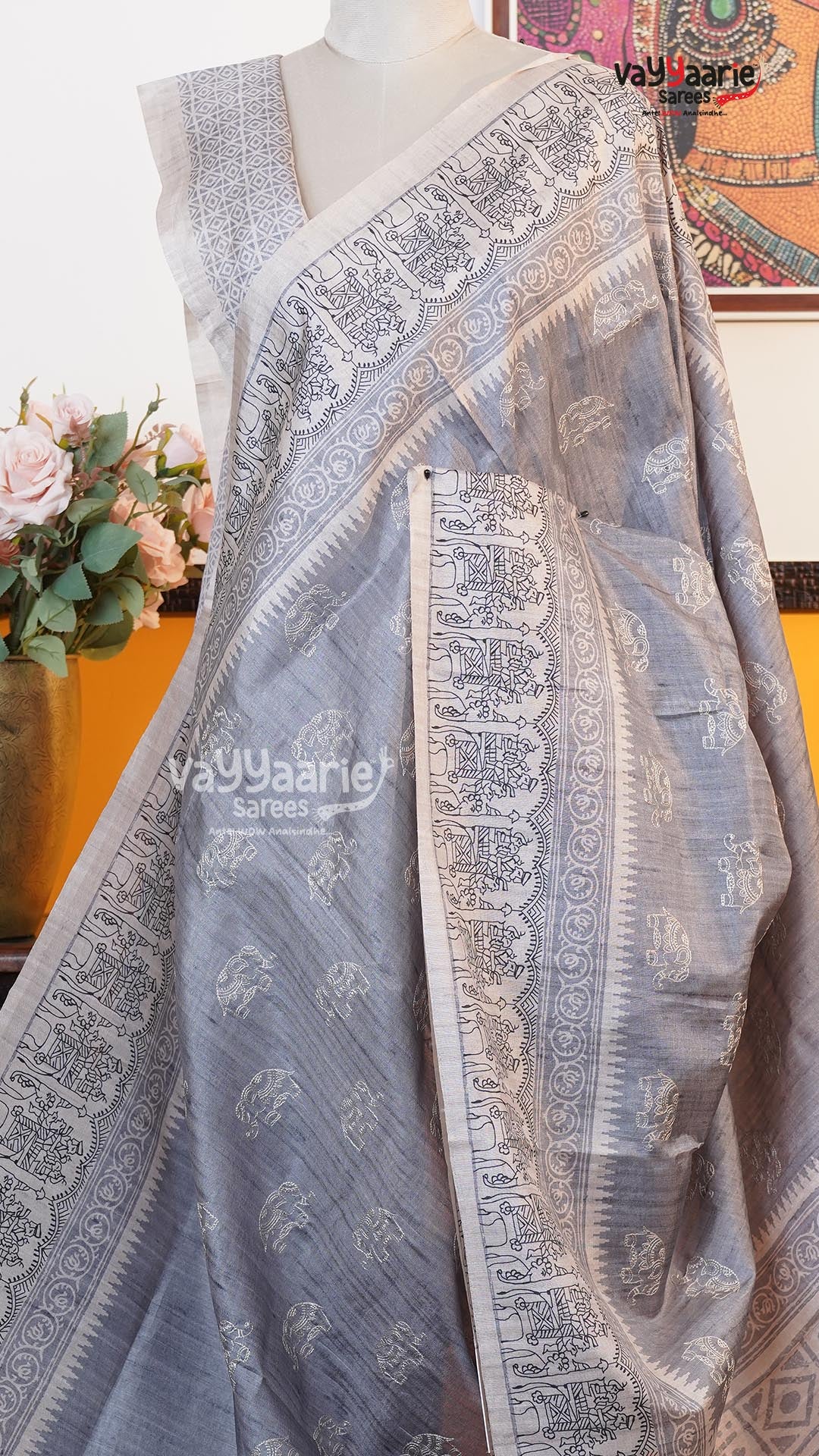 Grey Tusser Saree | Fancy Ethnic Wear Saree | Vayyaarie Sarees