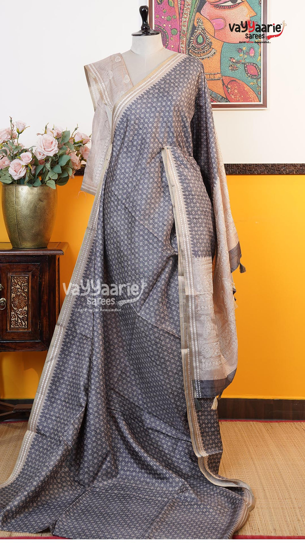 Grey Tusser Saree | Fancy Ethnic Wear Saree | Vayyaarie Sarees