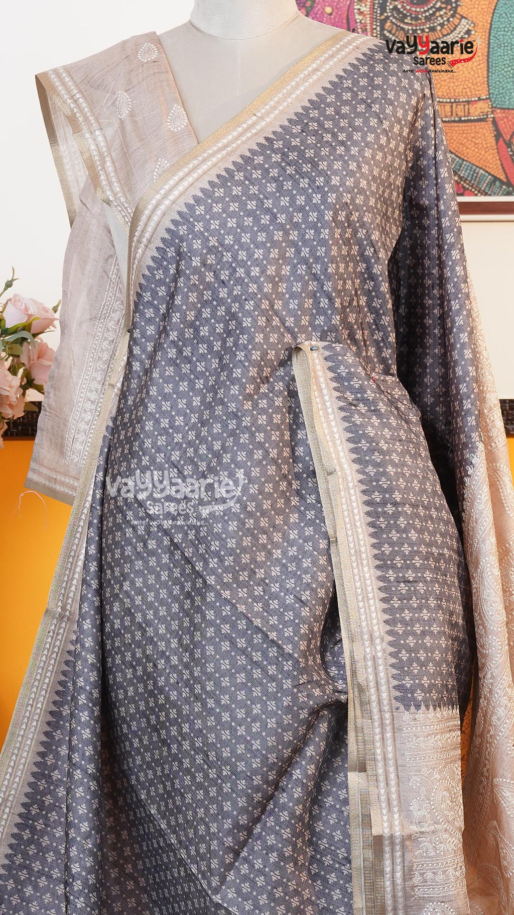 Grey Tusser Saree | Fancy Ethnic Wear Saree | Vayyaarie Sarees