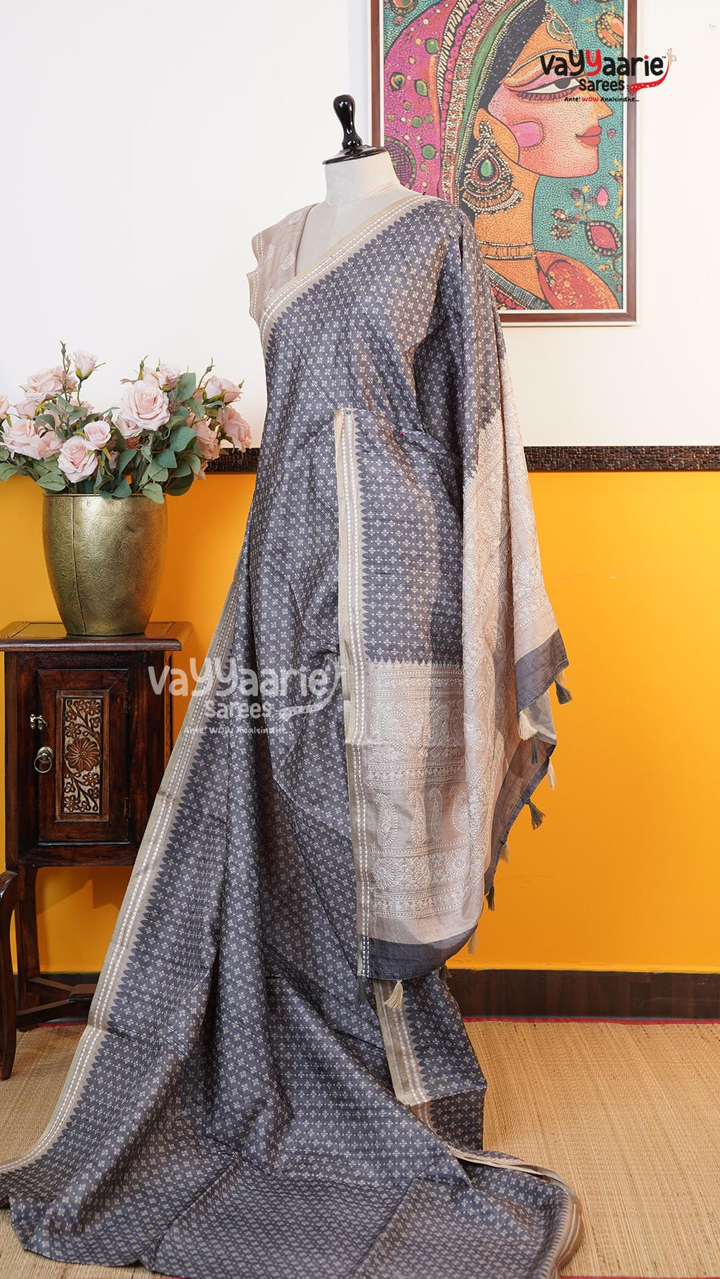 Grey Tusser Saree | Fancy Ethnic Wear Saree | Vayyaarie Sarees