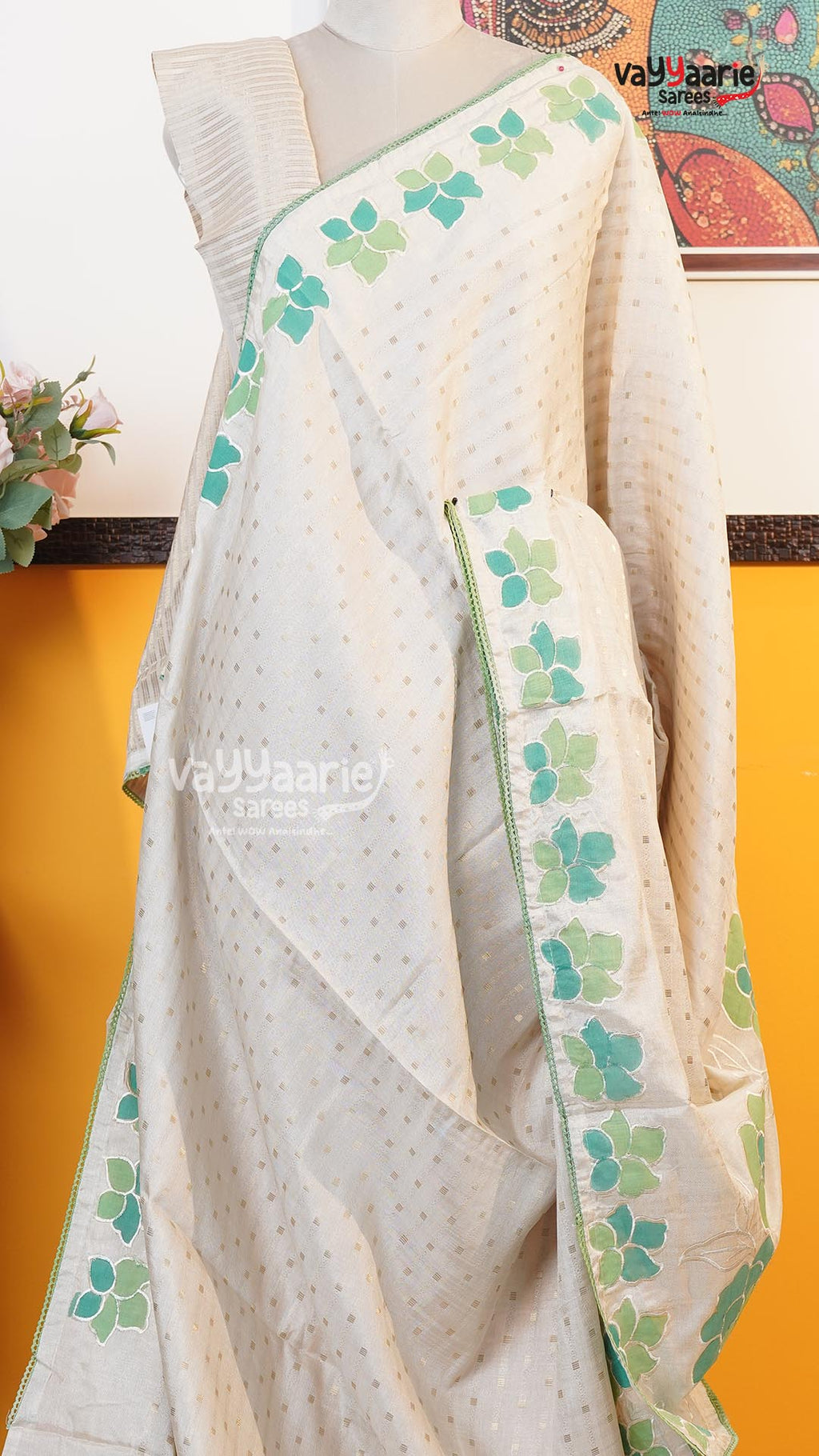 Cream Tusser Saree | Fancy Ethnic Wear Saree | Vayyaarie Sarees