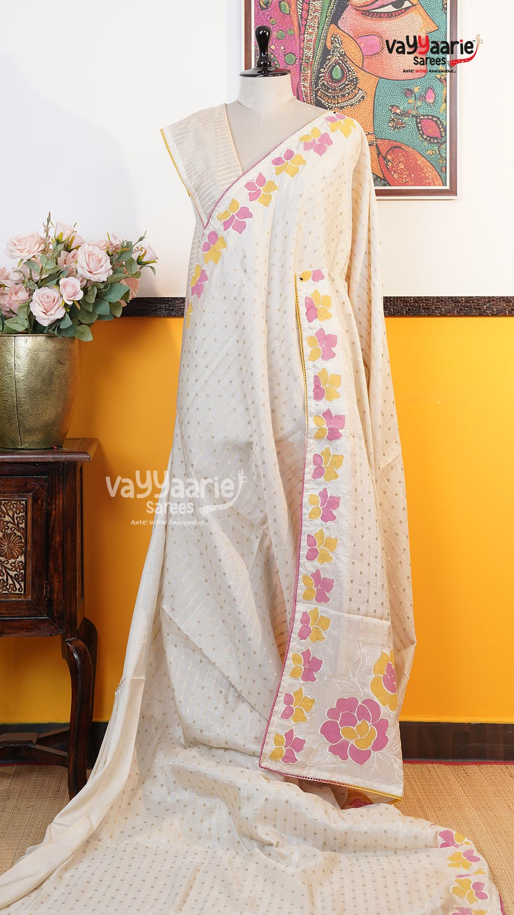 Cream Tusser Saree | Fancy Ethnic Wear Saree | Vayyaarie Sarees