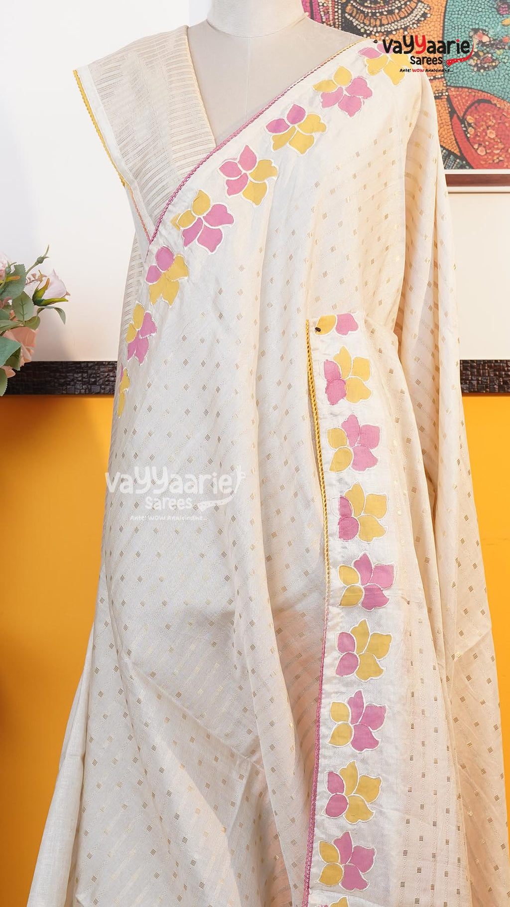 Cream Tusser Saree | Fancy Ethnic Wear Saree | Vayyaarie Sarees