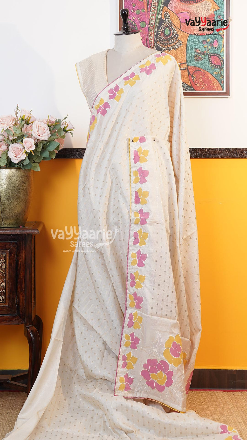 Cream Tusser Saree | Fancy Ethnic Wear Saree | Vayyaarie Sarees