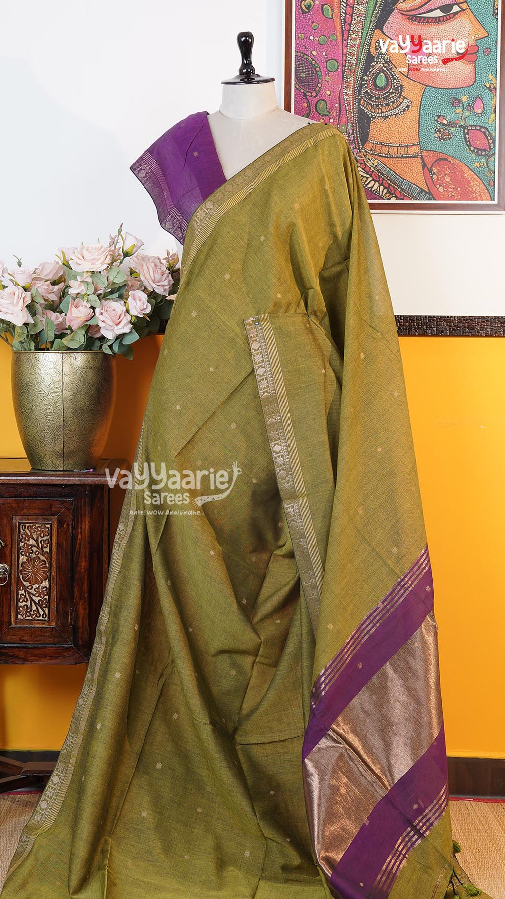 Mehendi Green Tusser Saree | Classic Handloom Saree | Vayyaarie Sarees