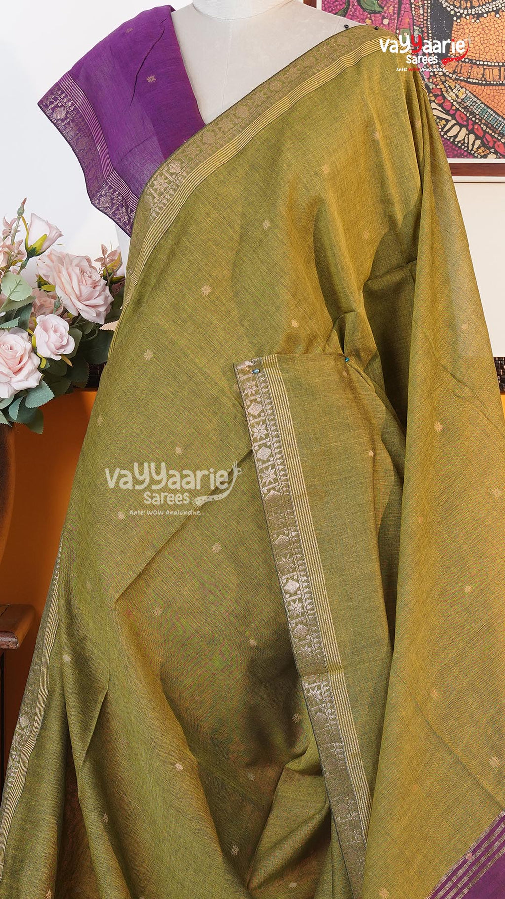 Mehendi Green Tusser Saree | Classic Handloom Saree | Vayyaarie Sarees