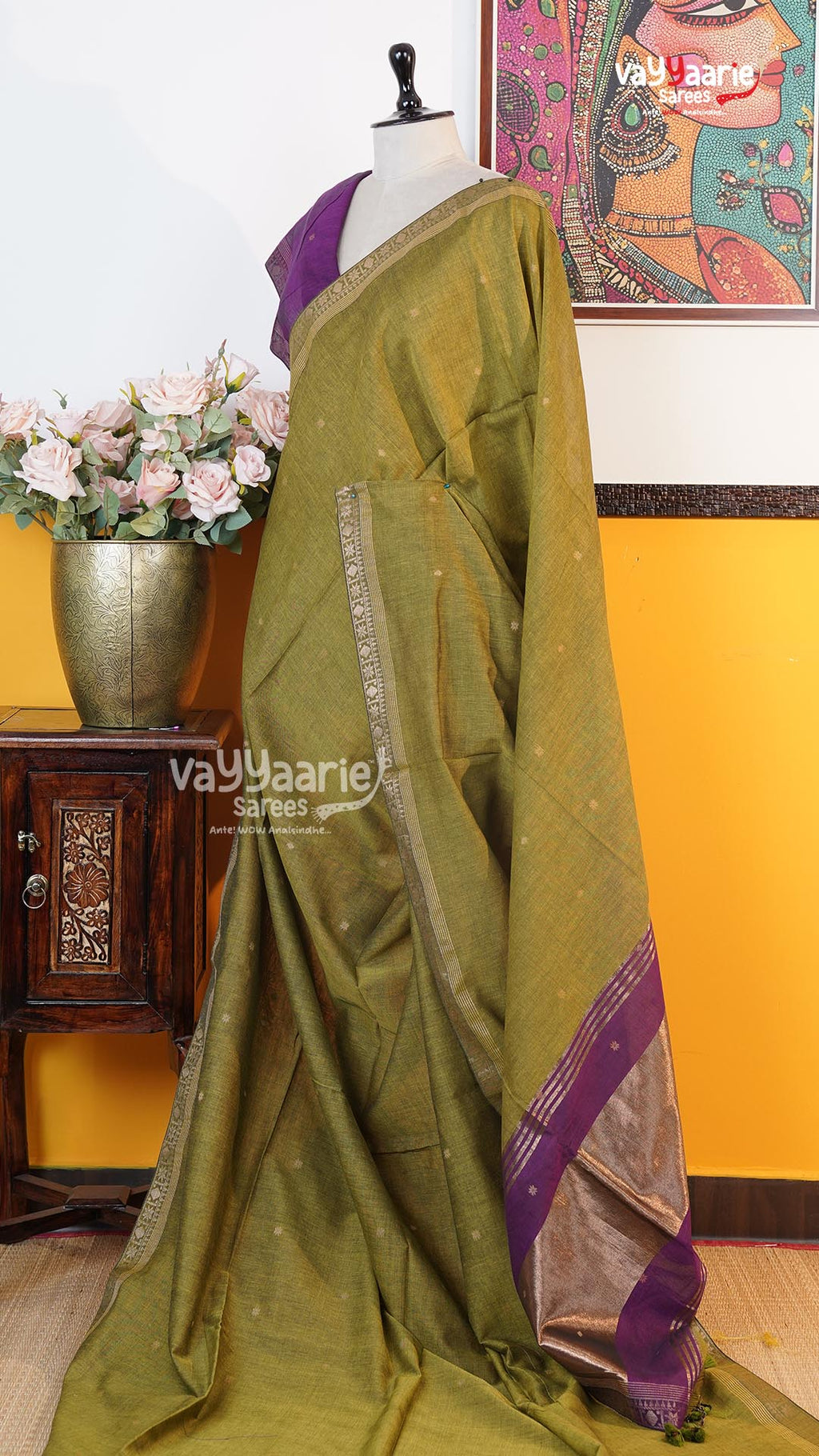 Mehendi Green Tusser Saree | Classic Handloom Saree | Vayyaarie Sarees