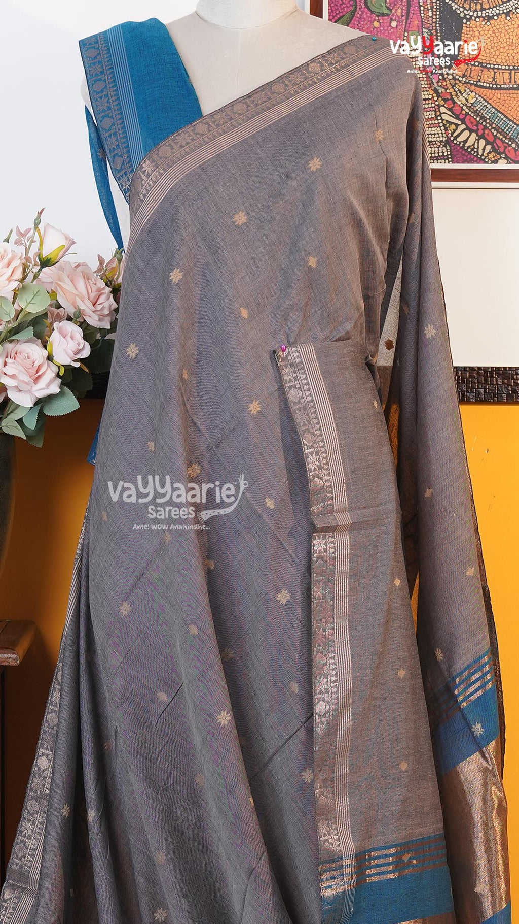 Grey Tusser Saree | Fancy Ethnic Wear Saree | Vayyaarie Sarees