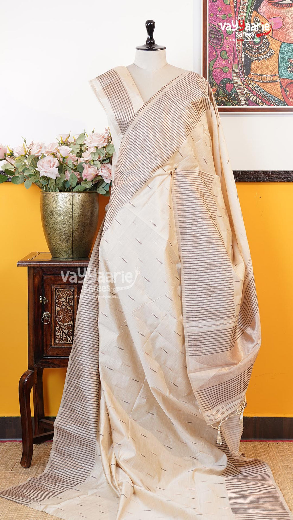 Cream Semi Dupion Silk Saree | Fancy Ethnic Wear Saree | Vayyaarie Sarees