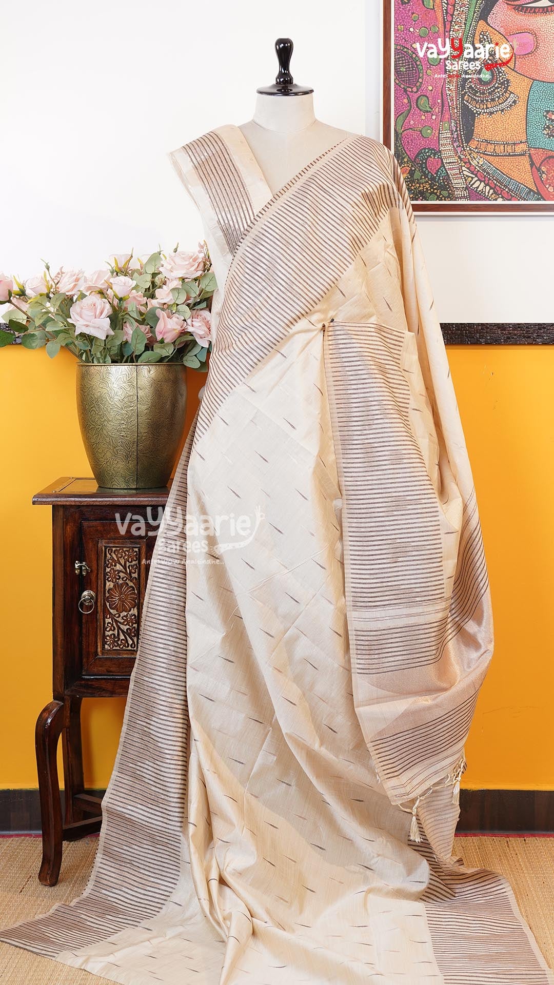 Cream Semi Dupion Silk Saree | Fancy Ethnic Wear Saree | Vayyaarie Sarees